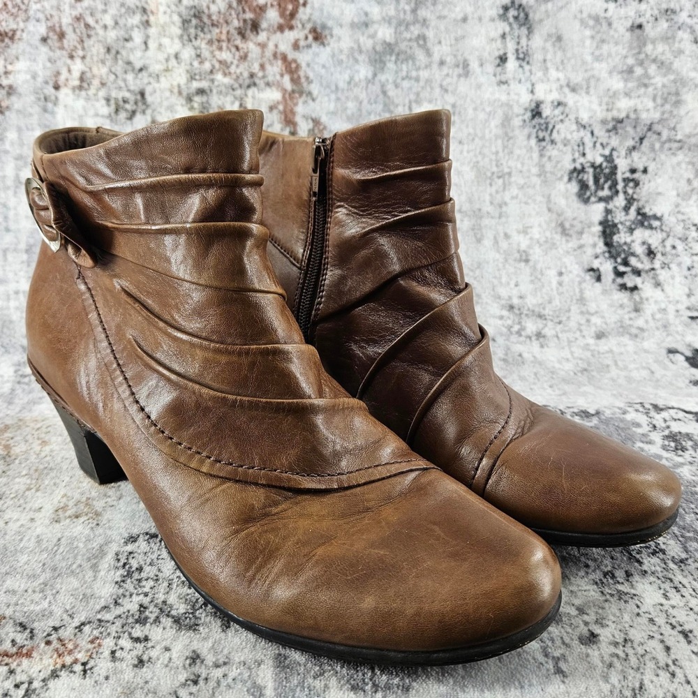 Cobb Hill Booties Womens 11 Brown Leather Ankle Boots Side Zip Buckle Block Heel